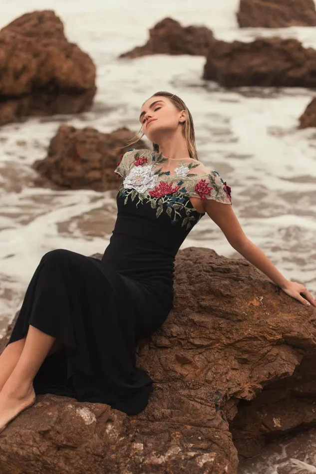 Floral Embellished Jersey Fitted Gown Black Multi Women Evening Gowns Mac Duggal