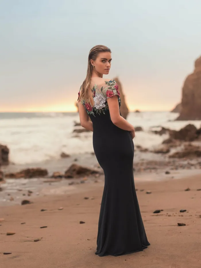 Floral Embellished Jersey Fitted Gown Black Multi Women Evening Gowns Mac Duggal