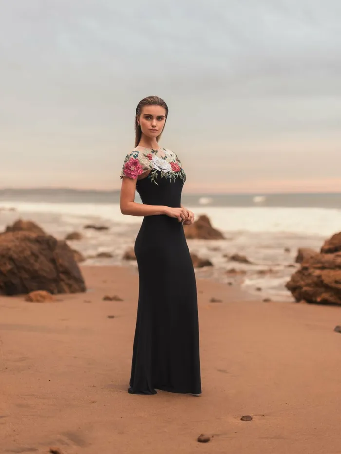 Floral Embellished Jersey Fitted Gown Black Multi Women Evening Gowns Mac Duggal