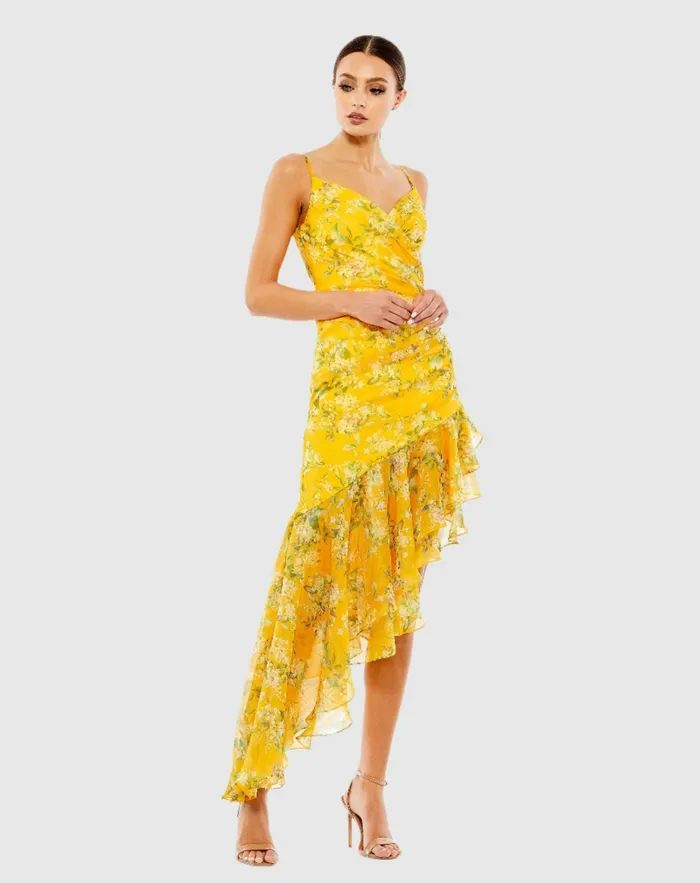 Floral Ruffle Asymmetrical Hi Low Hem Dress Yellow Multi Daytime Dresses Mac Duggal Women Floral Ruffle Asymmetrical Hi Low Hem Dress Yellow Multi Daytime Dresses Mac Duggal Women