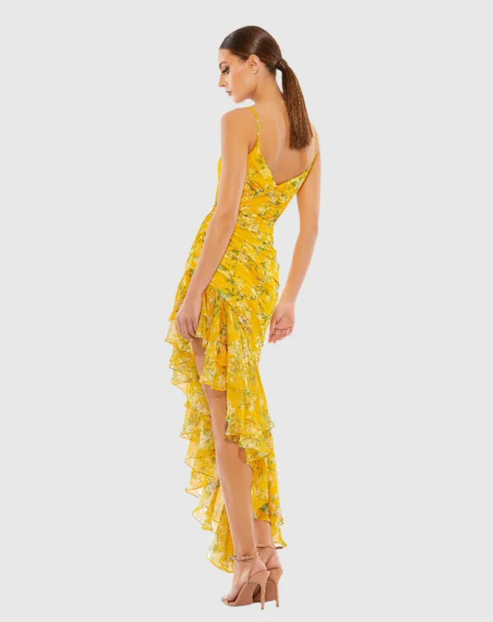 Floral Ruffle Asymmetrical Hi Low Hem Dress Yellow Multi Daytime Dresses Mac Duggal Women