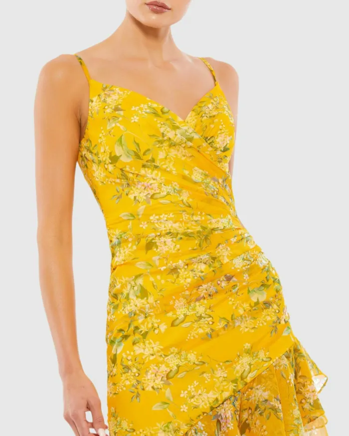 Floral Ruffle Asymmetrical Hi Low Hem Dress Yellow Multi Daytime Dresses Mac Duggal Women