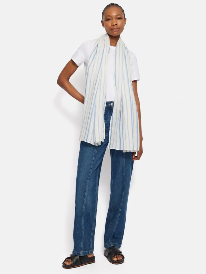 French Linen Stripe Scarf Blue Women Jigsaw Ponchos and Scarves