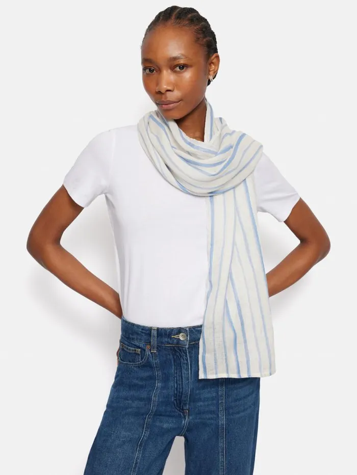 French Linen Stripe Scarf Blue Women Jigsaw Ponchos and Scarves