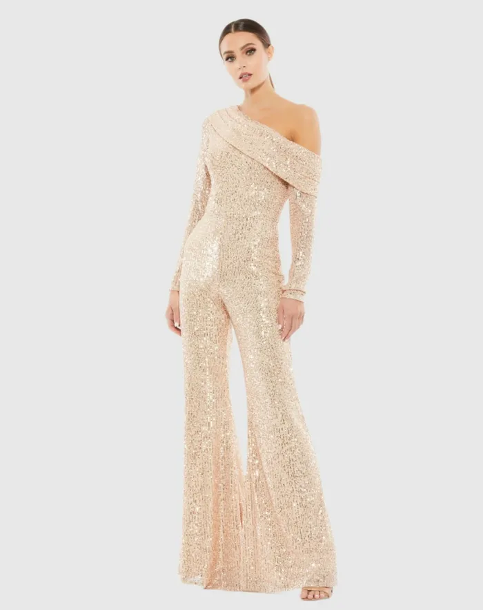 Gold Sequined Drop Shoulder Long Sleeve Jumpsuit Rose Gold Women Jumpsuits and Rompers Mac Duggal Gold Sequined Drop Shoulder Long Sleeve Jumpsuit Rose Gold Women Jumpsuits and Rompers Mac Duggal
