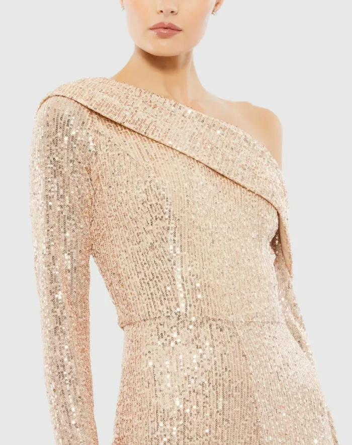Gold Sequined Drop Shoulder Long Sleeve Jumpsuit Rose Gold Women Jumpsuits and Rompers Mac Duggal