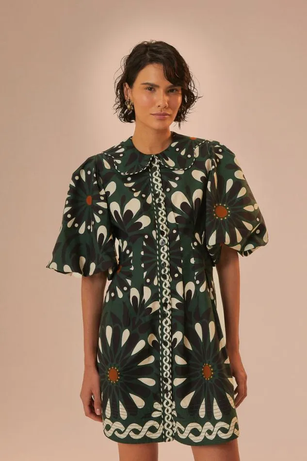 Green Ainika Flowers Short Sleeve Mini Dress Women FARM Rio Mini Dresses