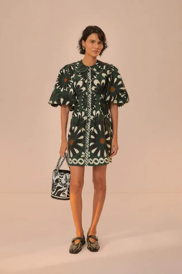 Green Ainika Flowers Short Sleeve Mini Dress Women FARM Rio Mini Dresses