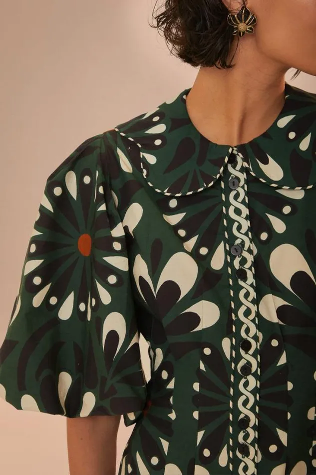 Green Ainika Flowers Short Sleeve Mini Dress Women FARM Rio Mini Dresses
