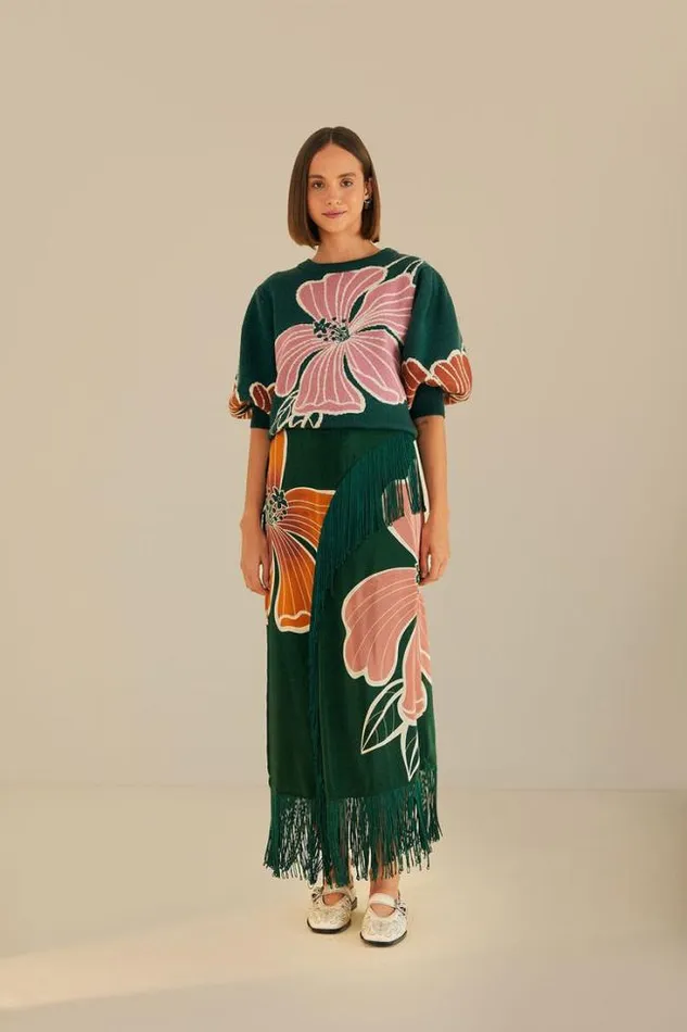 Green Honolulu Flowers Fringe Maxi Skirt Women FARM Rio Skirts