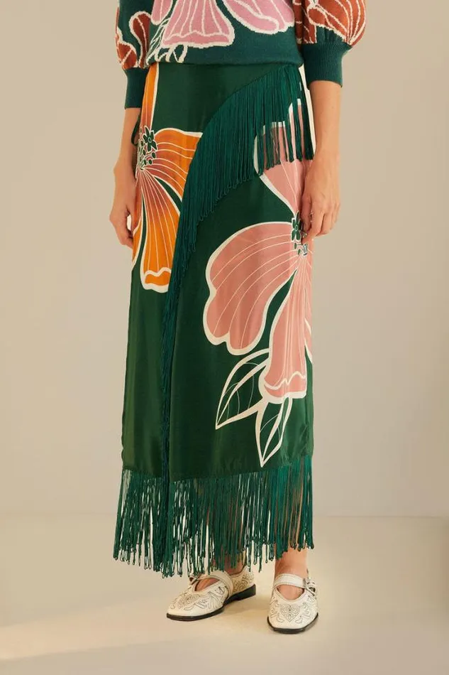 Green Honolulu Flowers Fringe Maxi Skirt Women FARM Rio Skirts