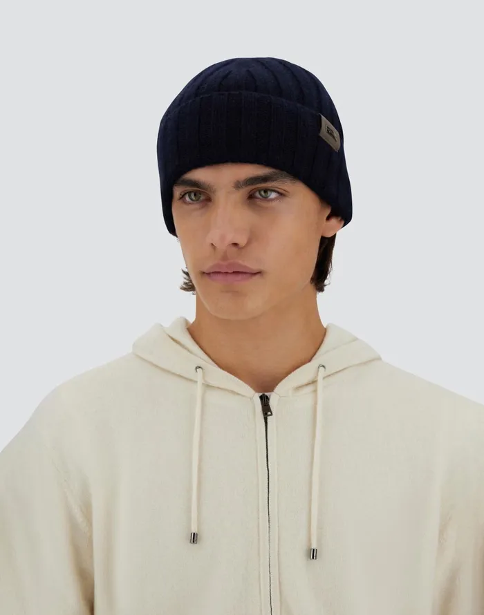 Herno CASHMERE AND ALCANTARA BEANIE Dark Blue Men Hats