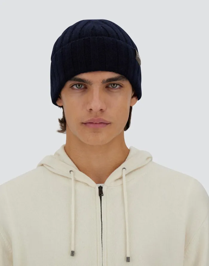 Herno CASHMERE AND ALCANTARA BEANIE Dark Blue Men Hats