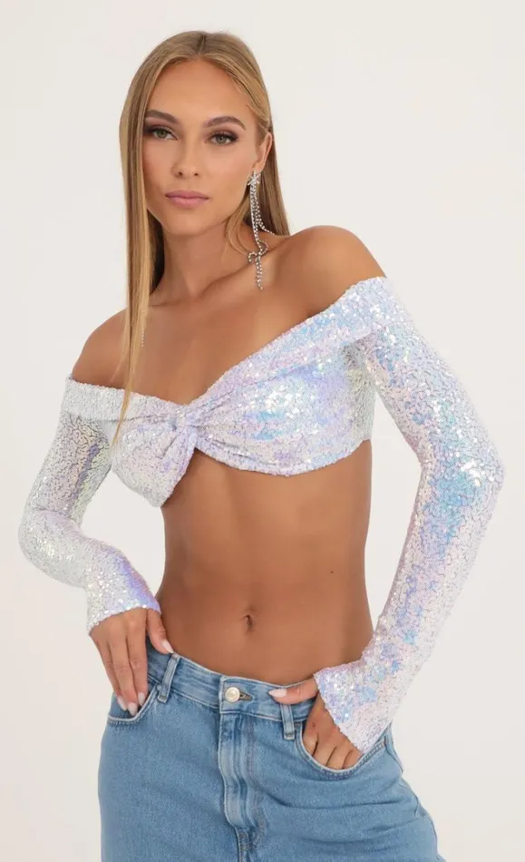 Iridescent Sequin Off The Shoulder Top Purple Women LUCY IN THE SKY TwoPiece Sets