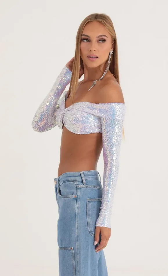 Iridescent Sequin Off The Shoulder Top Purple Women LUCY IN THE SKY TwoPiece Sets Iridescent Sequin Off The Shoulder Top Purple Women LUCY IN THE SKY TwoPiece Sets