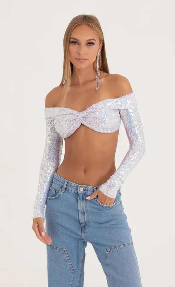 Iridescent Sequin Off The Shoulder Top Purple Women LUCY IN THE SKY TwoPiece Sets Iridescent Sequin Off The Shoulder Top Purple Women LUCY IN THE SKY TwoPiece Sets