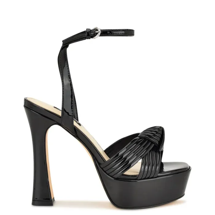 Irna Platform Ankle Strap Knotted Sandals Black Patent Women Nine West Sandals