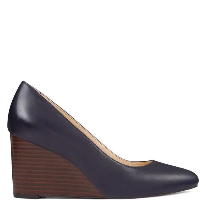 Jazzin Almond Toe Wedges Navy Leather Women Nine West Heels