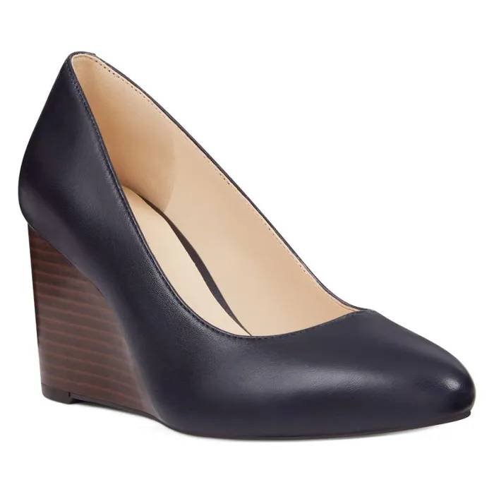 Jazzin Almond Toe Wedges Navy Leather Women Nine West Heels