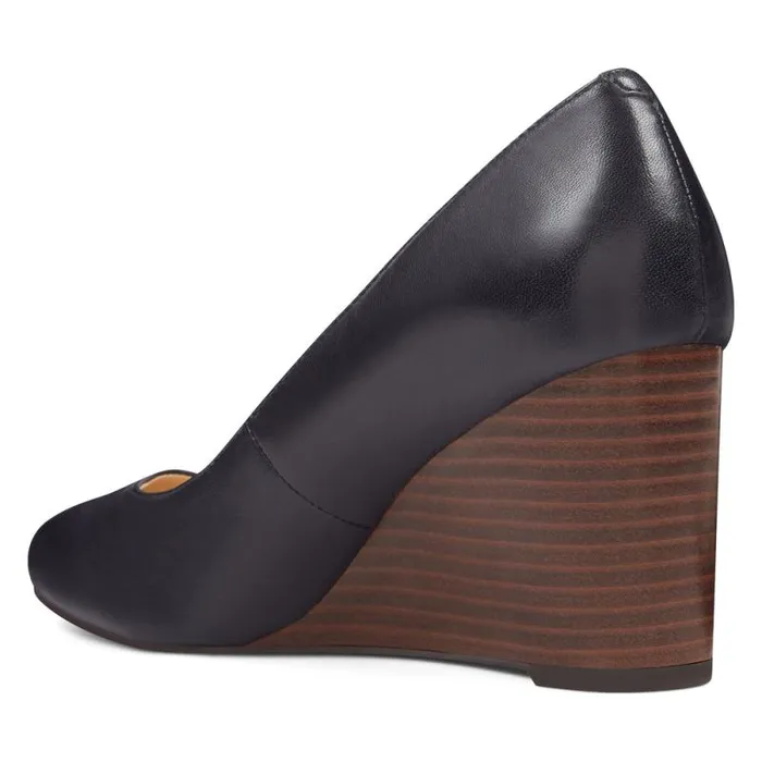 Jazzin Almond Toe Wedges Navy Leather Women Nine West Heels