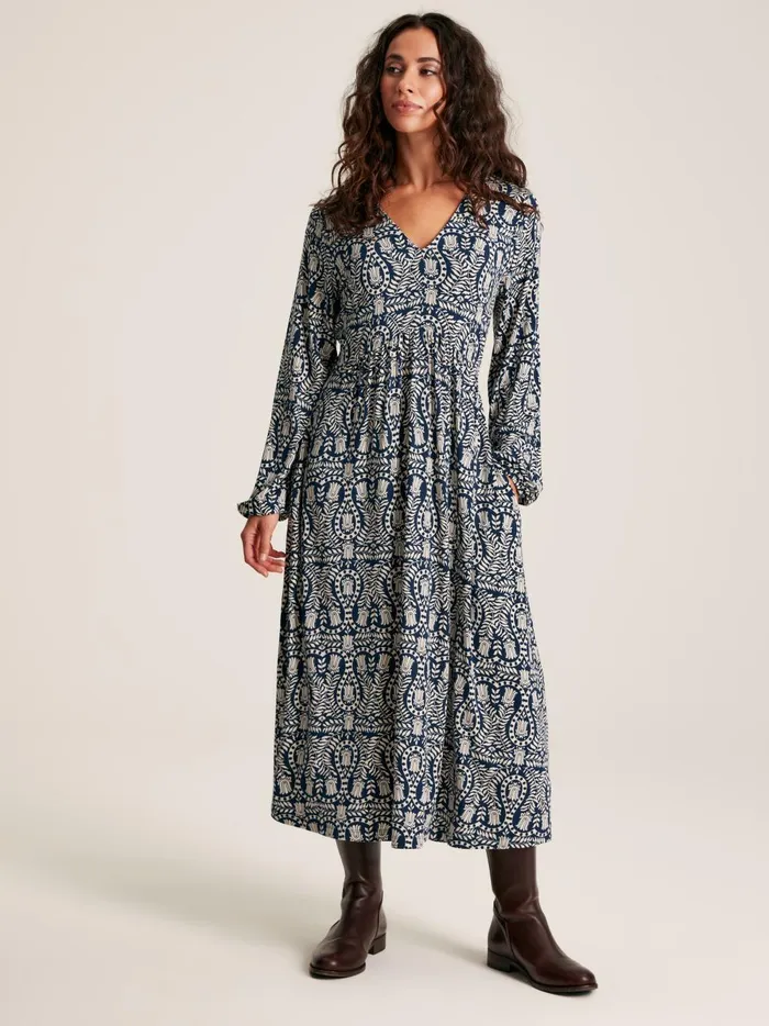 Joules Dresses Women Navy Printed Long Sleeve Midaxi Dress With Pockets