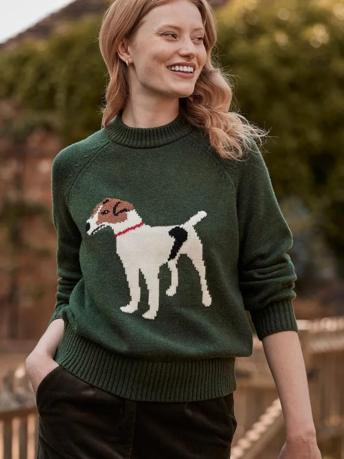 Joules Knitwear Women Green Dog Intarsia Crew Neck Jumper