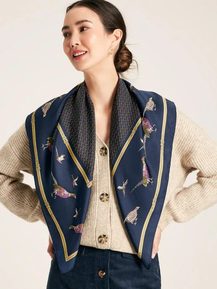 Joules Scarves Women Navy Pheasant Printed Silk Square Scarf