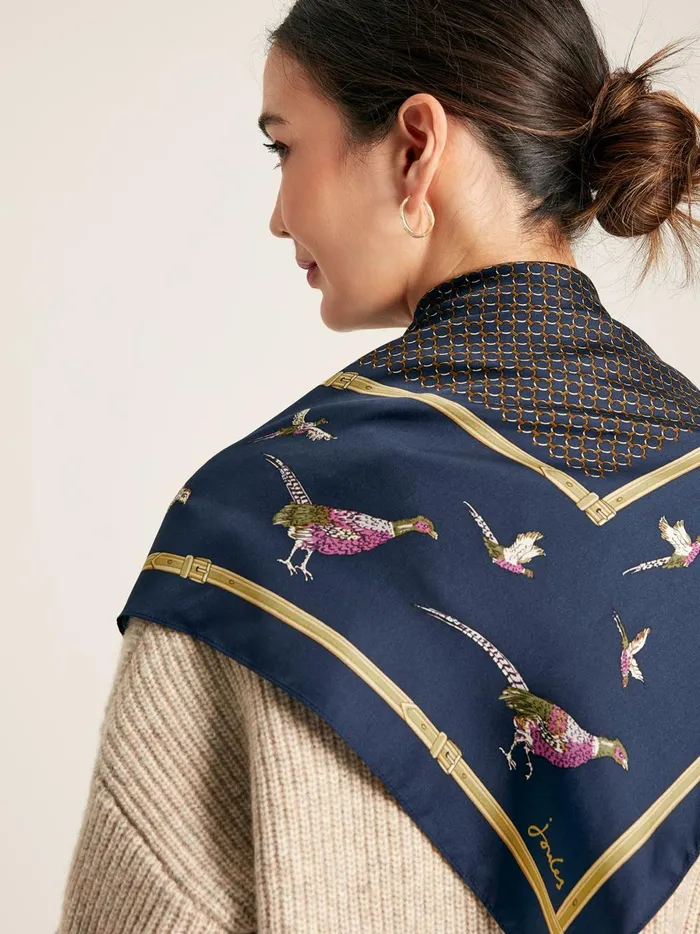 Joules Scarves Women Navy Pheasant Printed Silk Square Scarf