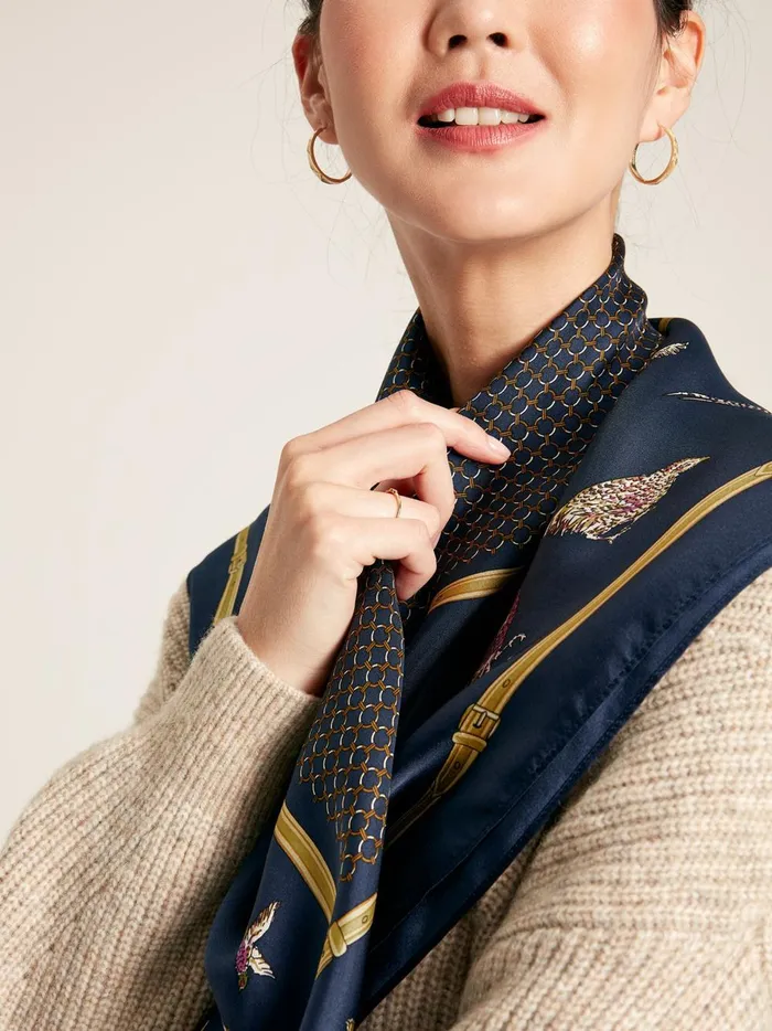 Joules Scarves Women Navy Pheasant Printed Silk Square Scarf