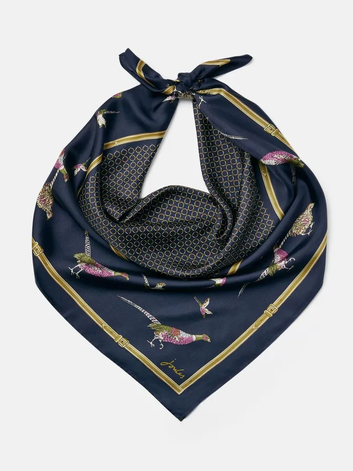 Joules Scarves Women Navy Pheasant Printed Silk Square Scarf