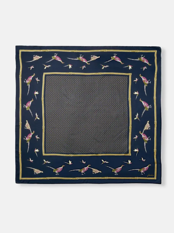 Joules Scarves Women Navy Pheasant Printed Silk Square Scarf