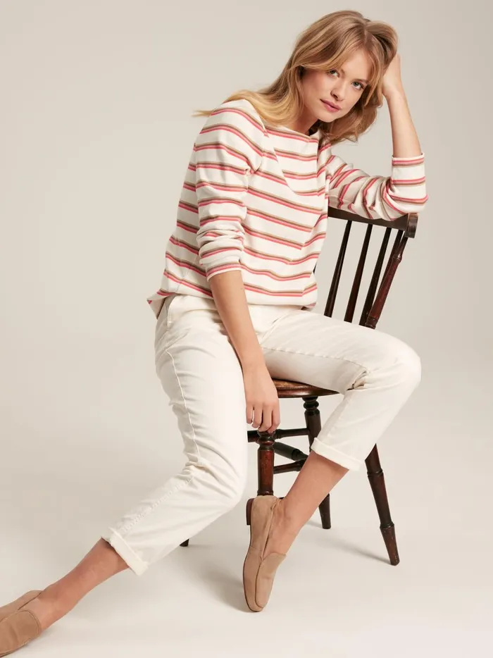 Joules Tops Women Pink Tan Stripe Boat Neck Breton Top