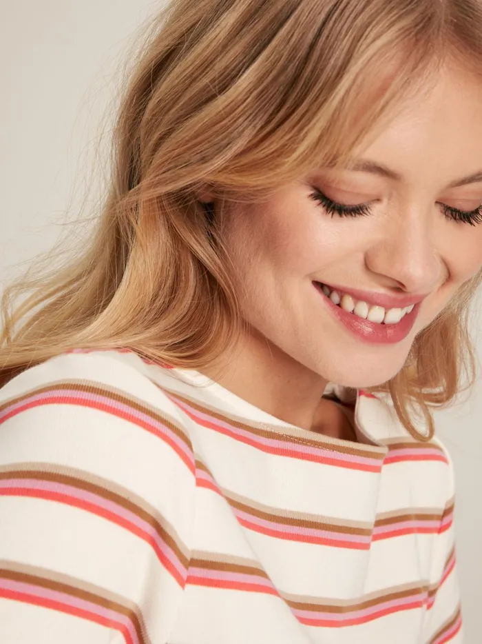 Joules Tops Women Pink Tan Stripe Boat Neck Breton Top