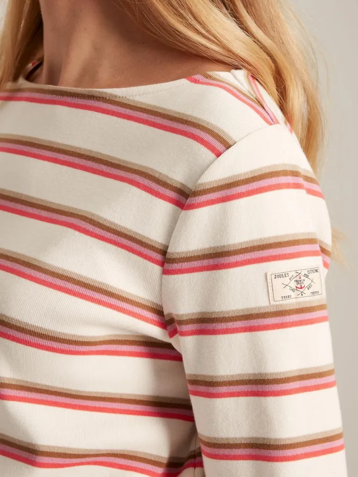 Joules Tops Women Pink Tan Stripe Boat Neck Breton Top