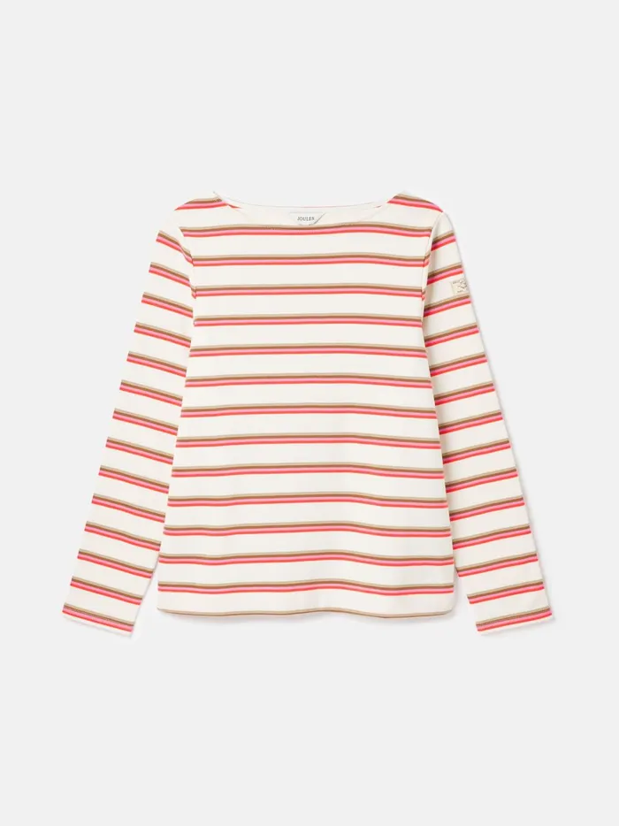 Joules Tops Women Pink Tan Stripe Boat Neck Breton Top