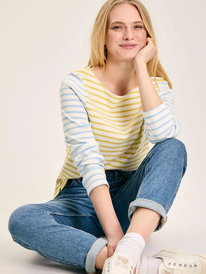 Joules Tops Women YellowWhite Stripe Boat Neck Breton Top