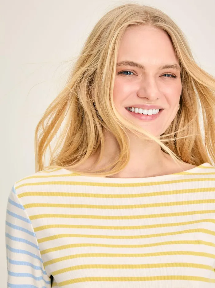 Joules Tops Women YellowWhite Stripe Boat Neck Breton Top