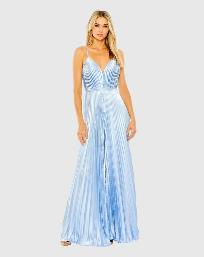 Jumpsuits and Rompers Light Blue Pleated Plunge Neck Wide Leg Jumpsuit Blue 8211 Mac Duggal Women Jumpsuits and Rompers Light Blue Pleated Plunge Neck Wide Leg Jumpsuit Blue 8211 Mac Duggal Women