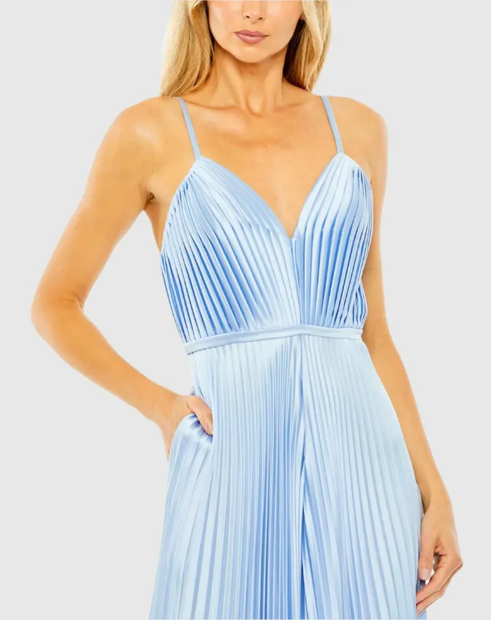 Jumpsuits and Rompers Light Blue Pleated Plunge Neck Wide Leg Jumpsuit Blue 8211 Mac Duggal Women