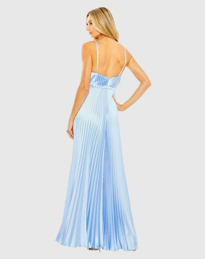 Jumpsuits and Rompers Light Blue Pleated Plunge Neck Wide Leg Jumpsuit Blue 8211 Mac Duggal Women