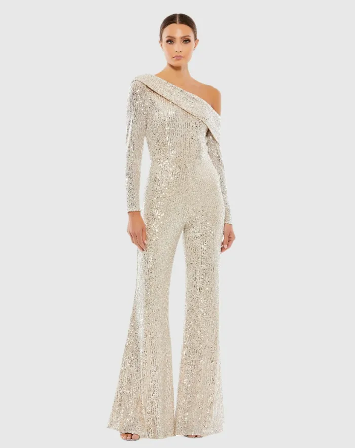 Jumpsuits and Rompers Mac Duggal Women Sequined Drop Shoulder Long Sleeve Jumpsuit Nude Silver Jumpsuits and Rompers Mac Duggal Women Sequined Drop Shoulder Long Sleeve Jumpsuit Nude Silver