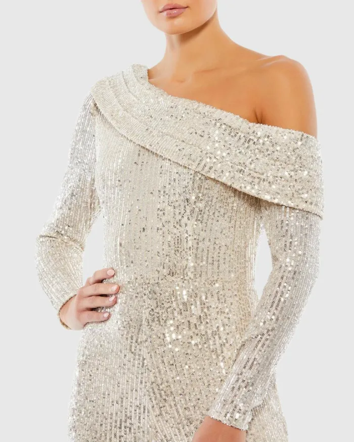 Jumpsuits and Rompers Mac Duggal Women Sequined Drop Shoulder Long Sleeve Jumpsuit Nude Silver