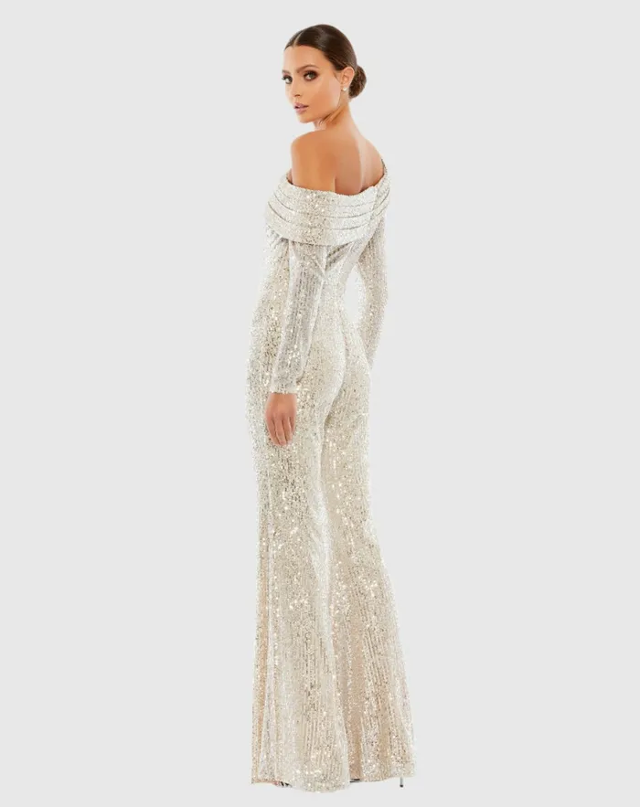 Jumpsuits and Rompers Mac Duggal Women Sequined Drop Shoulder Long Sleeve Jumpsuit Nude Silver