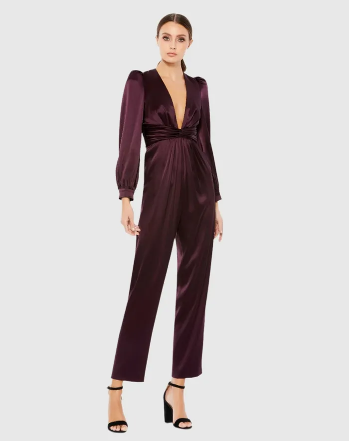 Jumpsuits and Rompers Purple Front Twist Puff Sleeve Deep V Jumpsuit Plum Mac Duggal Women Jumpsuits and Rompers Purple Front Twist Puff Sleeve Deep V Jumpsuit Plum Mac Duggal Women