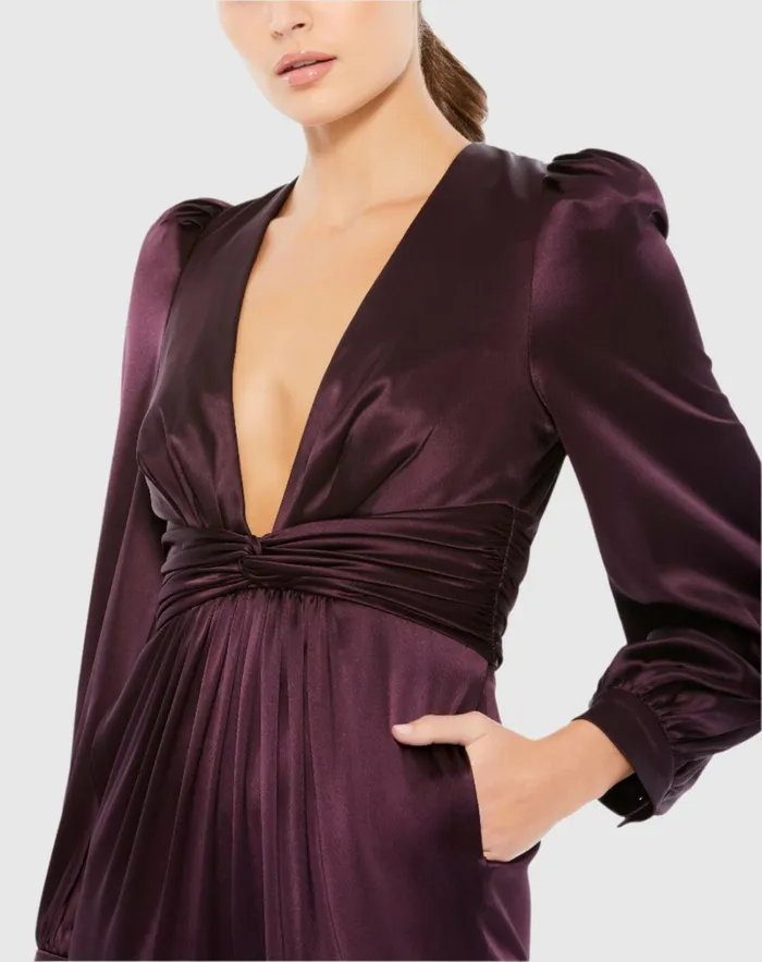 Jumpsuits and Rompers Purple Front Twist Puff Sleeve Deep V Jumpsuit Plum Mac Duggal Women