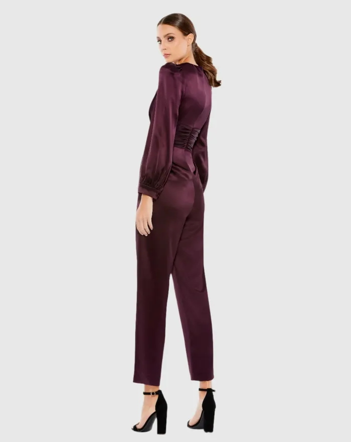 Jumpsuits and Rompers Purple Front Twist Puff Sleeve Deep V Jumpsuit Plum Mac Duggal Women