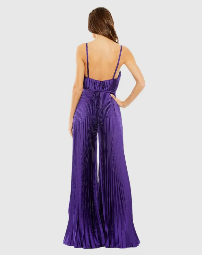 Jumpsuits and Rompers Women Purple Pleated Plunge Neck Wide Leg Jumpsuit Purple Mac Duggal