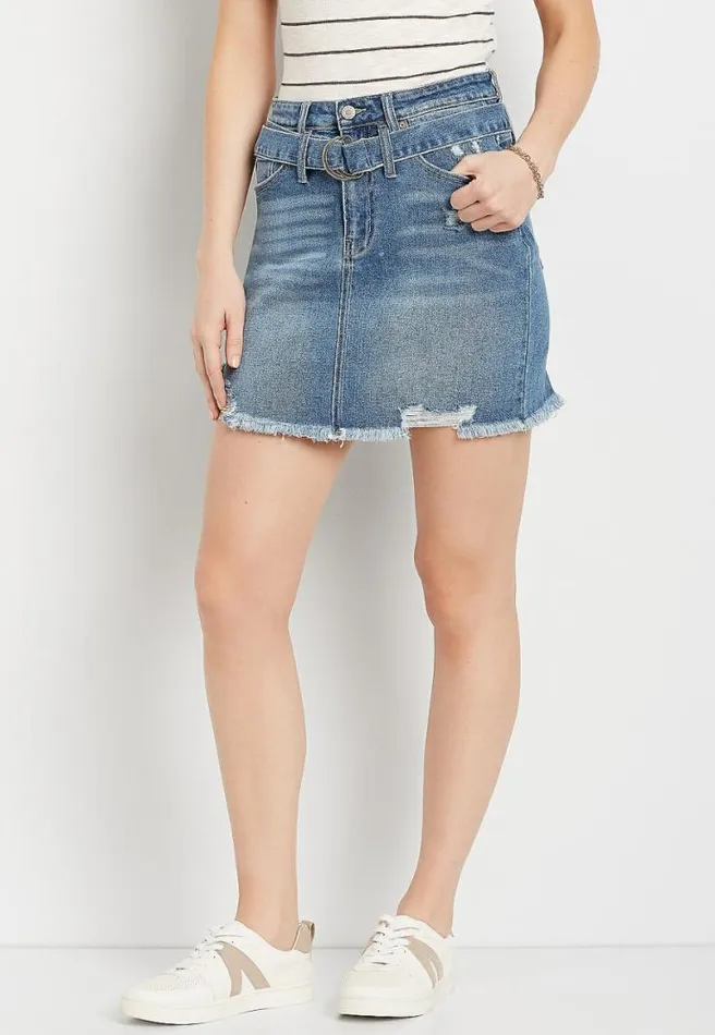 Kancan High Rise Belted Ripped Utility Denim Skirt Women Maurices Bottoms