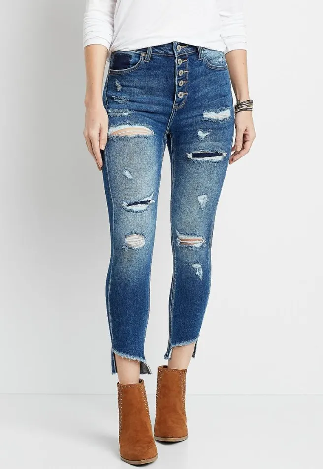 Kancan High Rise Destructed Button Fly Skinny Ankle Jean Women Maurices Jeans