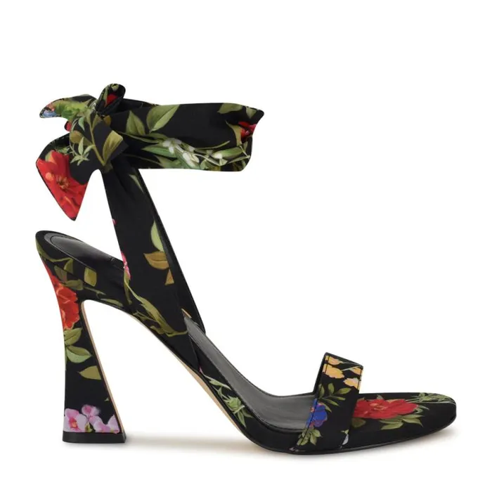 Kelsie Ankle Wrap Heeled Sandals Black Floral Women Nine West Sandals